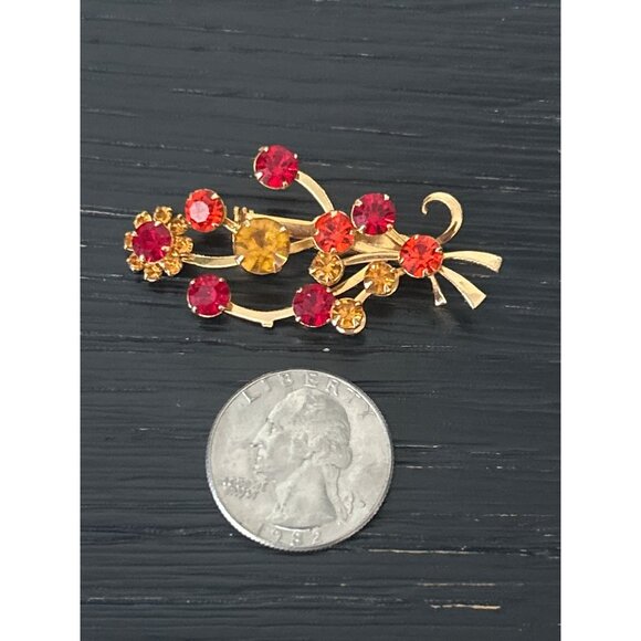 VTG Austria Floral Spray Brooch Red/Orange Rhinestones Gold-Tone Metal Unsigned - Picture 4 of 5